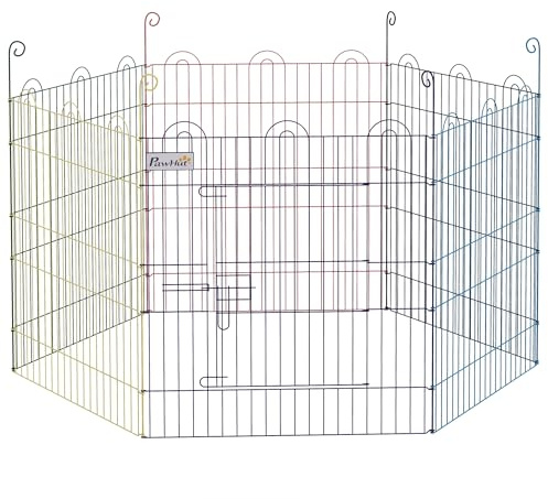 PawHut Enclos Chien Pliant en Métal, Parc pour Chiens, Lapins, Rongeurs, Petits Animaux, Intérieur et Extérieur, 6 Panneaux 58 x 60 cm avec Porte, Ø 120 x 60 cm, Multicolore