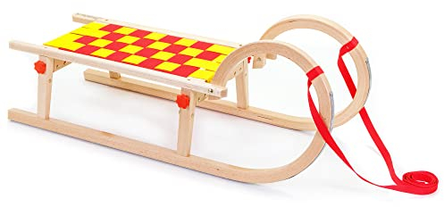 Holzfee Hörnerschlitten Schlitten Kinder Holz Klappschlitten Gurtsitz Tourer Baran S 95 -RG (Rot-Gelb)
