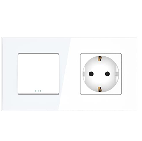 PULSAR Steckdose mit Lichtschalter Unterputz Weiß Glas, Kombination 2-Fach aus Schalter und Schuko-Steckdose 16A mit 4mm Glasrahmen