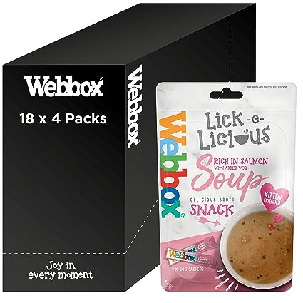 Webbox Lick-e-Licious Soup Cat Treats, Salmon - Kitten Friendly, Made with 100 Percent Salmon Fillet, No Artificial Preservatives, Low in Fat (18 x 4 Packs)