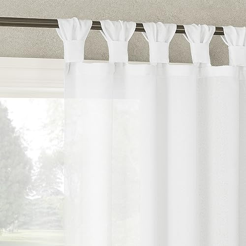 No. 918 Reman 2-Pack Twist Tab Linen Texture Semi-Sheer Tab Top Curtain Panel Pair, 40 x 63, White