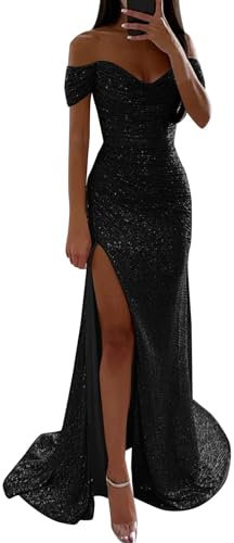Women's Sequin Maxi Dress Off Shoulder Short Sleeve Floor Length Evening Dress Side Slit Wedding Guest Party Cocktail Prom Ball Gown Black