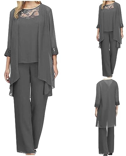 Generic Hosenanzug Damen Chiffon Lose Mode Freizeitanzug Einfarbig Spitze Lounge Set Neues 2024 Kleidungsset Lose Freizeit Hosenanzug Atmungsaktiv Undurchsichtig Outfit Sommer Elegant Anzug (Grau, L)