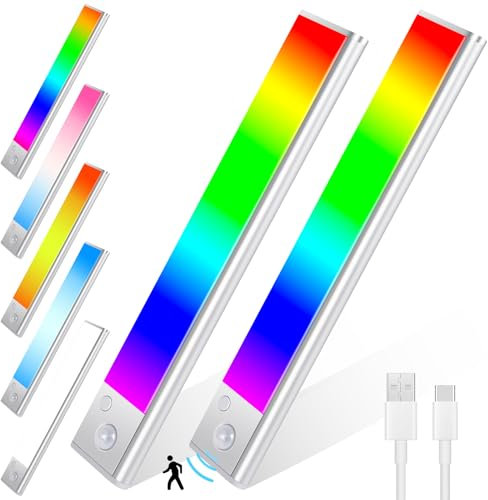 Euakee 2 Pezzi 23CM RGB IC LED Lightbar Senza Fili con Rilevatore di Movimento, Luce Sotto Armadio Cucina Dimmerabile, Barra Luminosa Ricaricabile USB Luce Notturna per Camera da Letto Decorazione