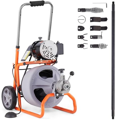 VEVOR Rohrreinigungsmaschine 100 Fuß x 3/8 Zoll, automatische Rohrreinigungsspirale auf Rädern, tragbare Rohrreinigungsmaschine mit 8 Schneidern und luftaktiviertem Fußschalter für 2 bis 4 Zoll Rohre