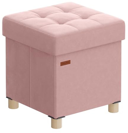 SONGMICS Puff Almacenaje Pequeño, Banco Plegable, 38 x 38 x 40 cm, Reposapiés, 37 L, Superficie de Terciopelo, para Dormitorio, Sala de Estar, Dormitorio, Rosa Jalea LSF0516R01