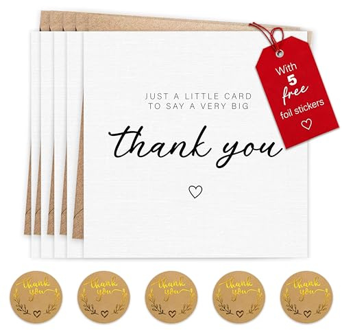 5 Thank You Cards Pack with Gold Foil Stickers and Kraft Envelopes, 11.5 x 11.5 cm – A Little Card To Say Big Thank You – Ideal for Teachers, Weddings, Kids, Christmas – Made in the UK