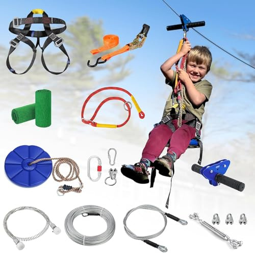 CTSC Zip Line Kits for Garden, 25m Zip Wire Kit For Kids and Adults, With Stainless Steel Spring Brake, Tensioning Kit, Safety Harness, Tree Protectors (25m blue)