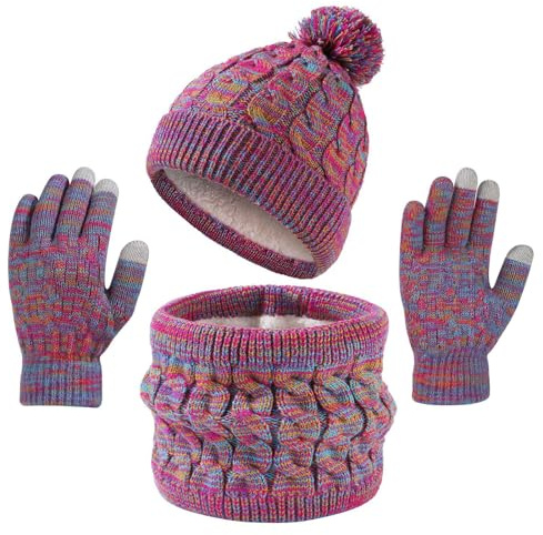 InfiniZer Kids Hat Scarf and Gloves Set for Boys & Girls, Soft Knitted Winter Beanie Hat, Neck Warmer and Touchscreen Gloves, 3-in-1 Thermal Set for Children Age 4-12 (Rose red)