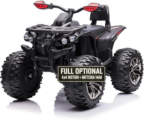 TOYSCAR Super Quad Elettrico per Bambini 12V ATV off-Road 4 x 4 Motori 12v Full Optional Batteria Potenziata 14AH Sospensioni (Nero)