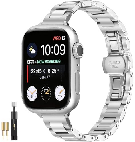 NINKI remmar för Apple Watch 42 mm 46 mm, lyxiga metalliska länkarmband med justerbart spänne, elegant rostfritt stål länkrem metall ersättningsband för iWatch serie 11, 42mm, Rostfritt stål