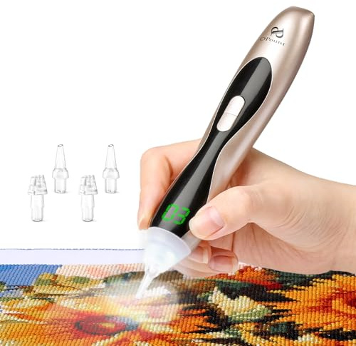 PP OPOUNT Elektrischer Diamond Painting Stift Gold mit LED Licht & Display, 3 Saugstufen, Kabellos & Wiederaufladbar, Leiser Vacuum Stift, Ergonomisches Diamond Painting Zubehör für Erwachsene