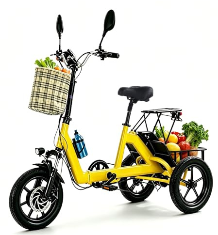 HZWJD Bicicleta Eléctrica para Adultos Triciclo Eléctrico Plegable De 14 Pulgadas,con Batería Extraíble,Cesta De Gran Capacidad Y Cuadro De Paso Bajo Yellow (No Backrest)