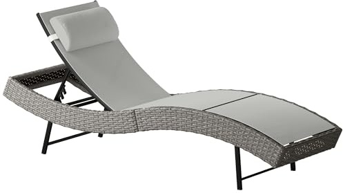 Outsunny Chaise Longue en Résine Tressé Bain de Soleil Jardin Gris Clair | Dossier Réglable 5 Positions, Siège Courbe en Textilène, Appui-tête, Cadre en Métal, Patio, Terrasse