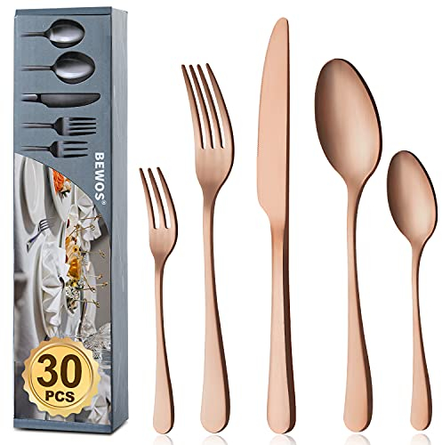 BEWOS 30-Piece Rose Gold Matte Cutlery Set for 6 People: 30-Piece Set Includes 6 Knives, 6 Tablespoons, 6 Dinner Forks, 6 Teaspoons, 6 Dessert Forks - Stainless Steel, Dishwasher Safe