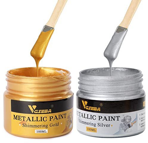 VGSEBA Acrylic Paint Metallic Gold and Silver, 200ml Gold Leaf Paint for Art, Painting, Handcrafts, Ideal for Canvas Wood Clay Fabric Craft Supplies, Non Toxic, Non Fading