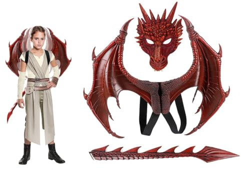 VKI® Costume Ailes de Dragon pour Enfants, Masque de Queue de Dinosaure Costume de Dragon pour Halloween Carnaval Mascarade Cosplay, Rouge