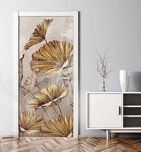 MyMaxxi - Tür bekleben mit Türtapete Türposter Türfolie Selbstklebend 90x200 Blumen Malerei Gold - Tür verschönern Türaufkleber Türklebefolie Blume Rose Blätter beige