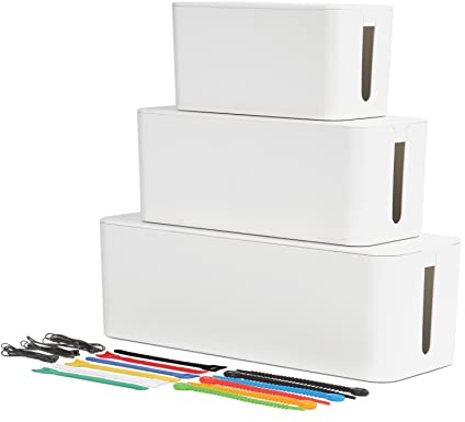 Oxford Cable Management Boxes, 3 Pack, Small, Medium, Large, 15 Cable Ties (Hook & Loop, Silicone,Twist Ties), Power Strip Organizer, White (27800)