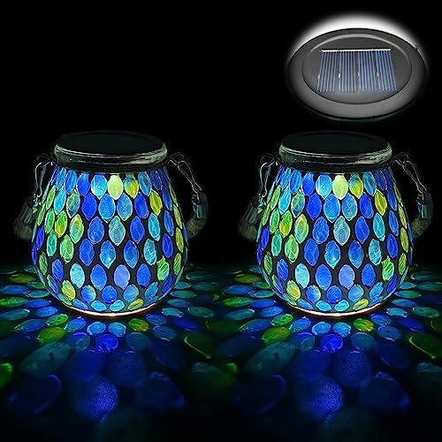 TOTHDATE 2 lampade a mosaico a energia solare, ovali per esterni, in vetro on/off, a mosaico, da appendere, IP65, impermeabile, per prato, sentiero, cortile, pavimento, stagno, luce a mosaico blu