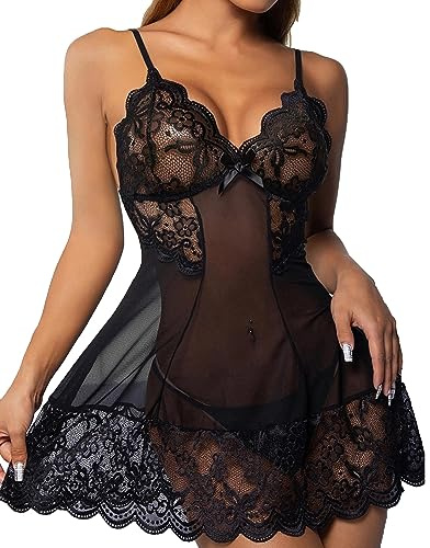 Joligiao Lingerie Sexy en Dentelle Babydoll avec String Dentelle Col V Nuisette Sexy Robe de Nuit Femme Ensembles de Lingerie sous-vêtements Lingeries Dentelles Night Dress Set
