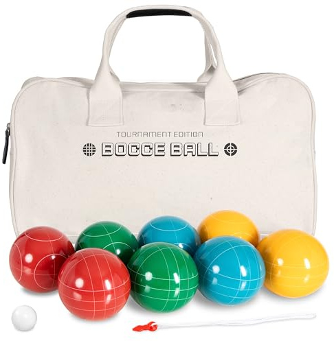 Play Platoon Bocce Ball Set Regulation Size Game Set - 107mm with 8 Hard Polyresin Premium Balls, Pallino, and Professional Carry Bag & Measuring Rope - Outdoor Games for Backyard, Lawn, Beach