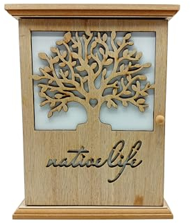 Cassetta portachiavi con motivo Albero della vita - decorazione per l'ingresso - con 6 ganci - in legno - naturale/bianco