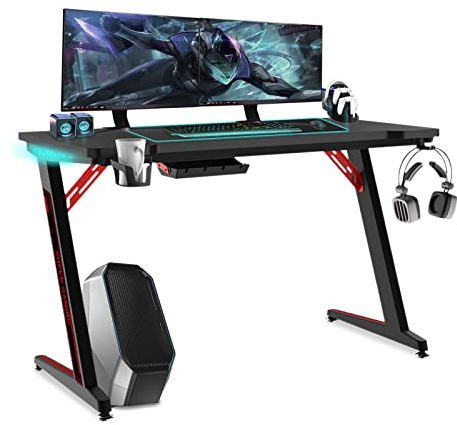 NAIZY Gaming Tisch 120x60cm Gamingtisch Schwarz+Rot Schreibtisch Kohlefaserplatte Gamer Computertisch Ergonomischer PC Tisch mit Kabelloch & LED