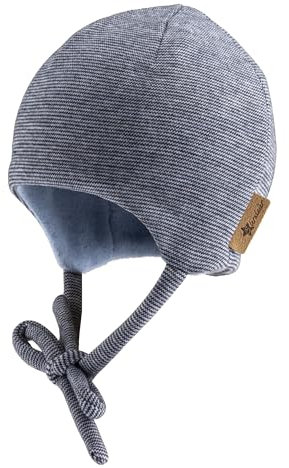Sterntaler Beanie Mütze in Melange Optik mit dezentem Streifen - Neugeborenenmütze mit angeschnittenen Ohrenklappen und Bindeband - Unisex Babymütze, gefüttert mit Baummwollfleece - Marine, 41