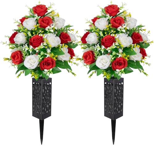 Raxfekro 2 Piezas de Flores Artificiales de Cementerio con Jarrón, Ramo de Rosas Artificiales para Decoración de Tumbas de Cementerio(Rojo&Blanco)