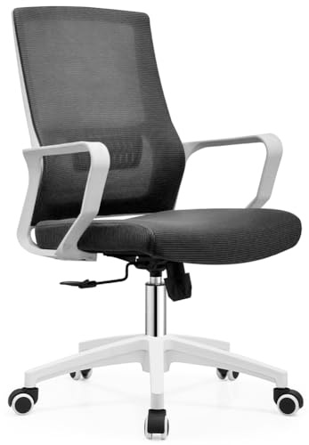 Shally Dogan Silla de Oficina ergonómica giratoria con Soporte Lumbar, sillón de Escritorio, Estudio, Dormitorio, reclinable con Altura Ajustable, Base Blanca Robusta, Respaldo antisudor (Negro)