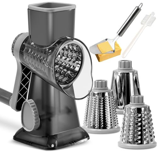 KEOUKE Rotary Cheese Grater Hand Crank Transparent - Shredder Slicer Grinder 3 Stainless Steel Blades, Stable Suction, Labor-Saving Handle, Safe Kitchen Tool for Cheese, Vegetable, Nuts, Chocolate