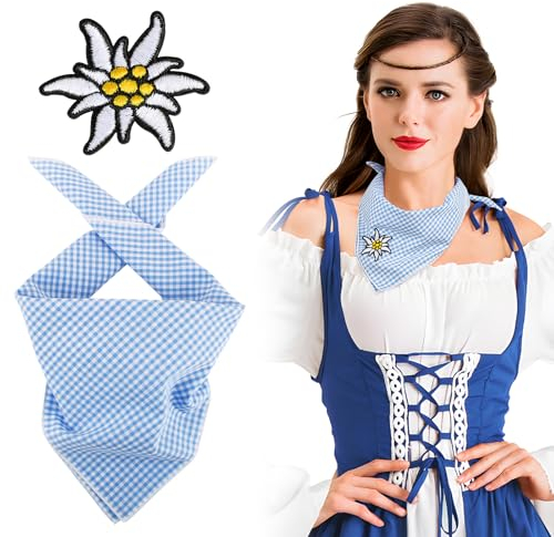 BOFUNX Trachtentuch Blau Weiß Kariert Halstuch Kopftuch und Edelweiß Aufnäher für Oktoberfest Bayern Trachten Party Kostüm Zubehör