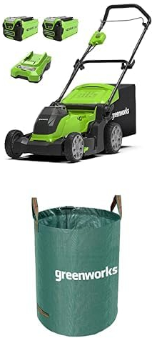 Greenworks 40V Cordless Lawnmower for Lawns up to 500m², 41cm Cutting Width with 2X2Ah Battery & Charger-G40LM41K2X + Greenworks Tools 120 L garden waste bag Green, AMP-120CB