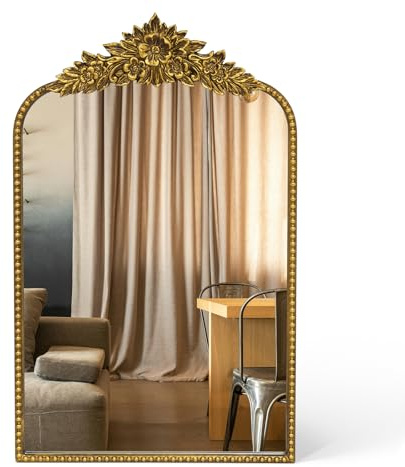 Awhtixbo Antique Gold Baroque Mirror 40X64(H) cm - Vintage Cast Iron Frame with Hand-Carved Resin Florals, Shatterproof Wall Mirror for Bathroom, Living Room & Bedroom