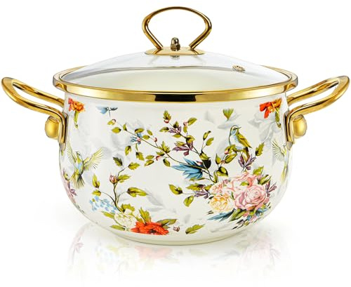 SOUJOY 2.8 Quart Enamel Stockpot with Glass Lid, Vintage Floral Soup Pot, Non-Stick Bean Stew Simmer Pot with Handle for Kitchen, Induction & Gas Stove Safe, Mother's Day, Wedding, Christmas Gift