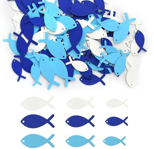 108 piezas de peces de madera decorativos azul blanco – Decoración para esparcir para bautizo, comunión y confirmación, decoración de mesa de madera en 3 tamaños, accesorios de manualidades para