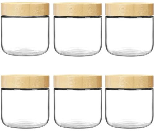 Hikrxya 6 Pack Glass Overnight Oats Jars Containers with Bamboo Lids, 300ml Wide Mouth Mason Salad Jars Glass Food Storage Containers Ideal for Yogurt Snacks Spice Sugar Fruit Salad Beans