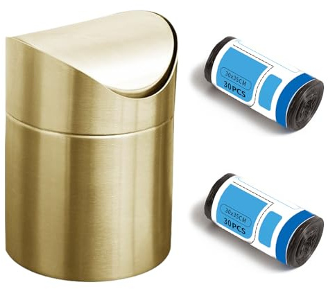 Pattumiera da tavolo, mini pattumiera da ufficio, in acciaio inossidabile, con coperchio ribaltabile, dorato, piccola ed elegante, ideale per casa, ufficio, cucina, camera da letto o bagno