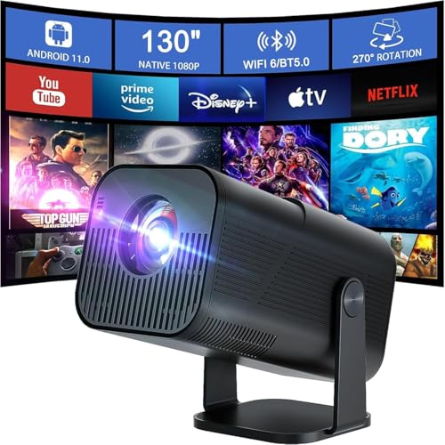 Smart Auto Keystone-projektor med WIFI och Bluetooth, 270° roterbar, AMX500 mini bärbar projektor, 4K inbyggd 1080P-projektor, utomhusfilmprojektor kompatibel med bärbar dator, PC, smartphone