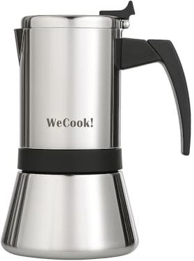 WECOOK! Cafetera italiana acero inoxidable 18/10 4 tazas para inducción – espresso/moka – mango Soft-Touch de baquelita – válvula de seguridad de níquel – cuchara medidora incluida
