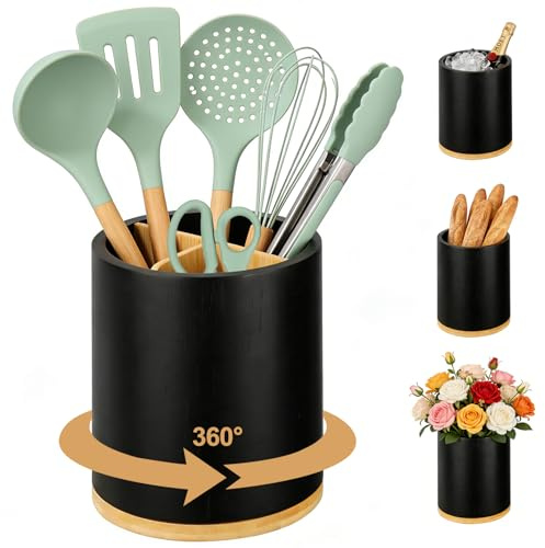 3 Compartment Utensil Crock 360° Rotating Wood Cutlery Rack Kitchen Utensils Storage Holder Container Countertop Cooking Tool Spoon Organizer Utensils Caddy Pot Stand Farmhouse Decor -Black Paint