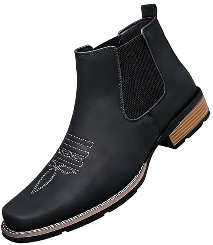 ENOEGMSD Men's Western Cowboy Chelsea Boots Classic Square Toe Cowboy Casual Work Ankle Boots Retro Stylish Slip On Casual Dress Boot (Black,10)