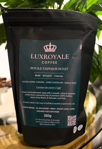 Ground Coffee Dark Roast - LuxRoyale Emperor Premium Arabica Coffee, Rich Caramel & Dark Chocolate Notes, Freshly Roasted, 250g Resealable Pouch”