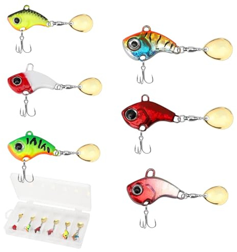 Set med 6 fiskebeten, jiggspinnare, drag, drag för gädda, färgglada fiskedrag med trekrokar för abborre, öring, gädda och laxpresenter till sportfiskare