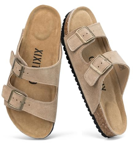 XIXITIAO Sandales en daim pour femme avec double boucle réglable, lit de pied en liège, mules plates avec soutien de la voûte plantaire et semelle en liège, chaussures d'été antidérapantes et légères