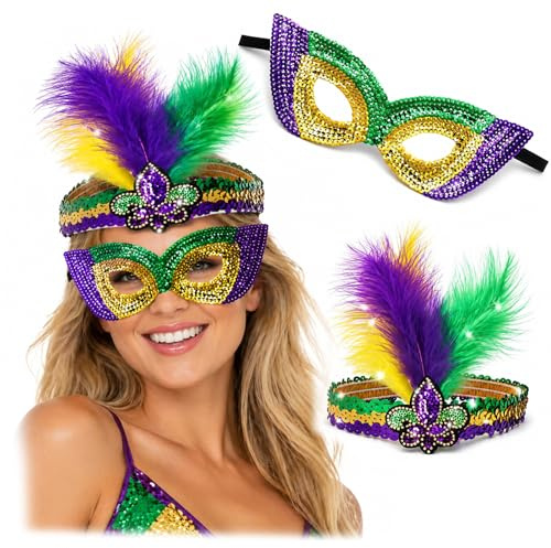 YONEEKSS 2 Piece Mardi Gras Feather Headband and Sequin Mask for Women | Purple green gold design, faux feather headband, sequin eye mask, adjustable fit, carnival parties, cosplay, stage wear