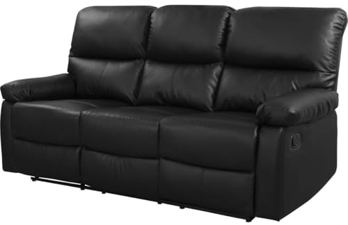 Habitat et Jardin - Canapé Relax en Simili et Tissu Lincoln 3 Places Noir - Fauteuil Relax Design Moderne - Canapé Inclinable Résistant et Confortable