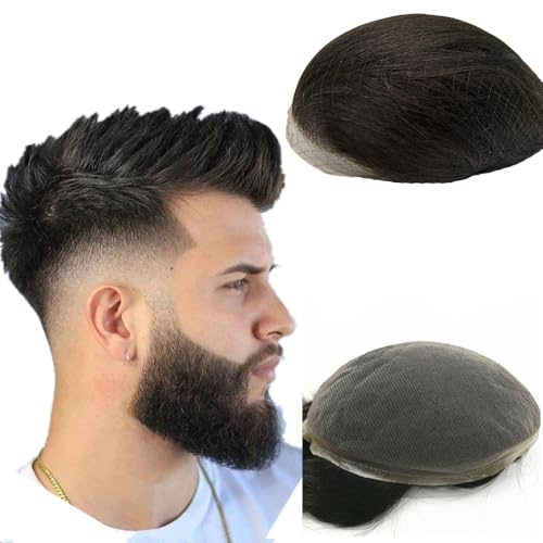 NLW Full Lace Mens Toupee, Swiss Lace Base European Straight Human Hair Replacement System, Hair Unit for Men Base 10x8 #1 Jet Black