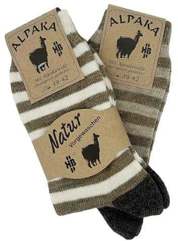 2 Paar Alpaka Socken Damen – Dünne Ringelsocken aus Alpakawolle – Weiche Kuschelsocken – Größen 35-38 & 39-42 – Grau/Beige
